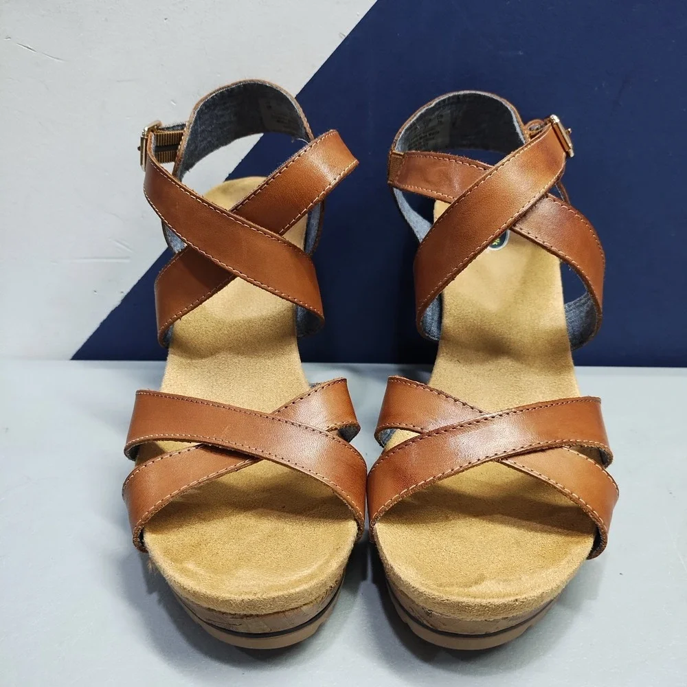 Dr. Scholl's Savory Wedge Sandals Womens Size 9M Brown Leather Ankle Strap EUC